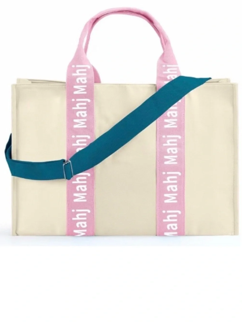 Canvas Mahjong Carrying Tote Bag with Pink Handles and Teal Strap